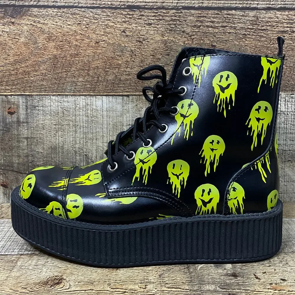 NEW T.U.K Happy Trip Smiley 7 Eye Viva Mondo Creeper Combat Boots Black SZ 10